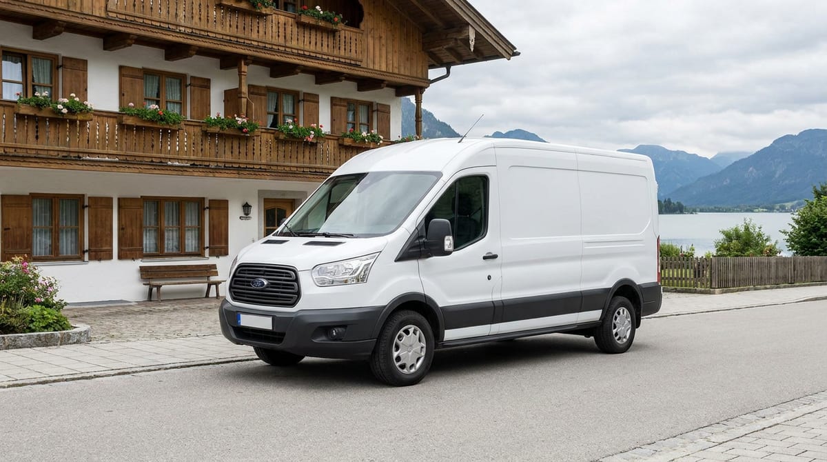 Neutraler weißer Transporter ohne Firmenaufschrift vor einem gepflegten Mehrfamilienhaus in Starnberg bei Tageslicht