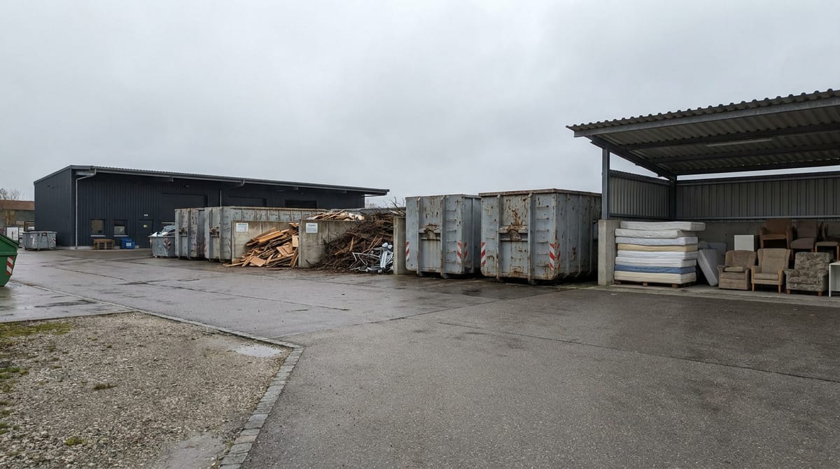 Sortierter Sperrmüll und getrennte Container auf einem Wertstoffhof in Oberbayern bei Tageslicht