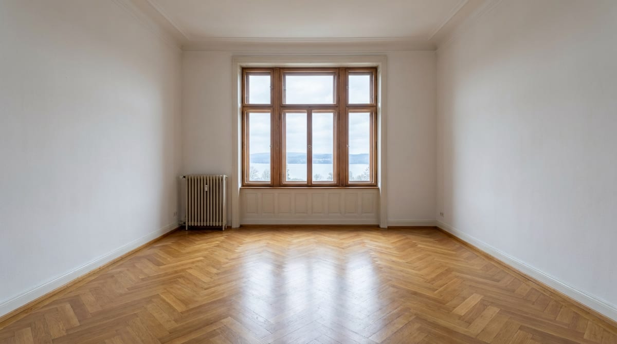 Leere, besenrein übergebene Altbauwohnung mit Blick Richtung Starnberger See bei ruhigem Tageslicht